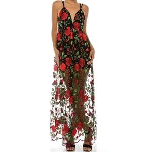 Embroidered Red Rose Maxi